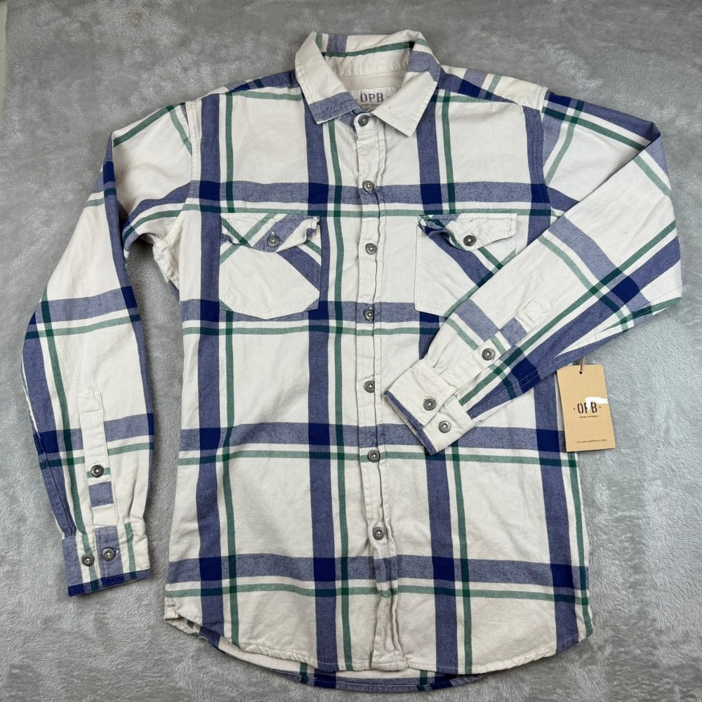 Original Paperbacks Flannel Shirt Mens Small Cream Blue Plaid $78 New NWT